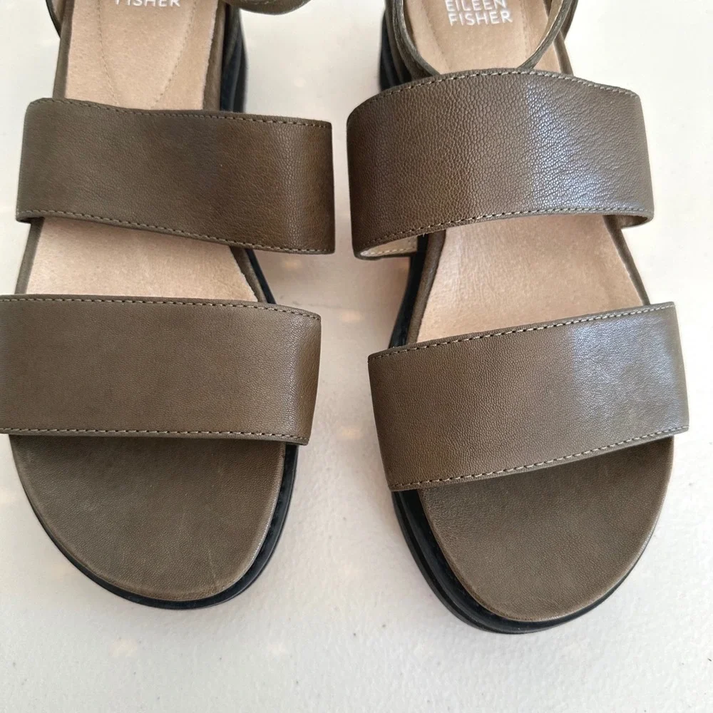 Eileen Fisher Keno Platform Sandals Womens 9.5 Olive Green‎ Leather Coastal